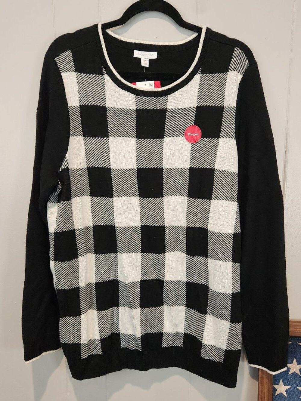 Charter Club Black Women's Checkered Crewneck Sweater XXL